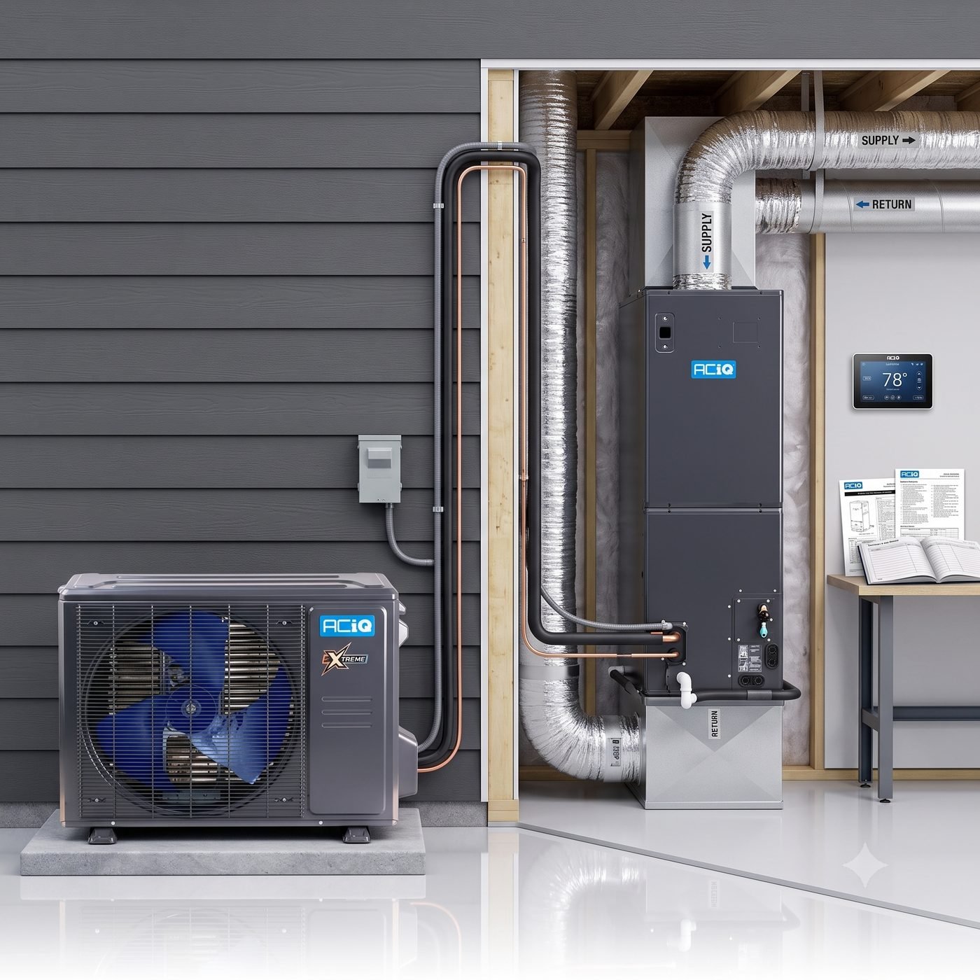 ACiQ Extreme heat pump system — outdoor unit, matched air handler, and smart thermostat